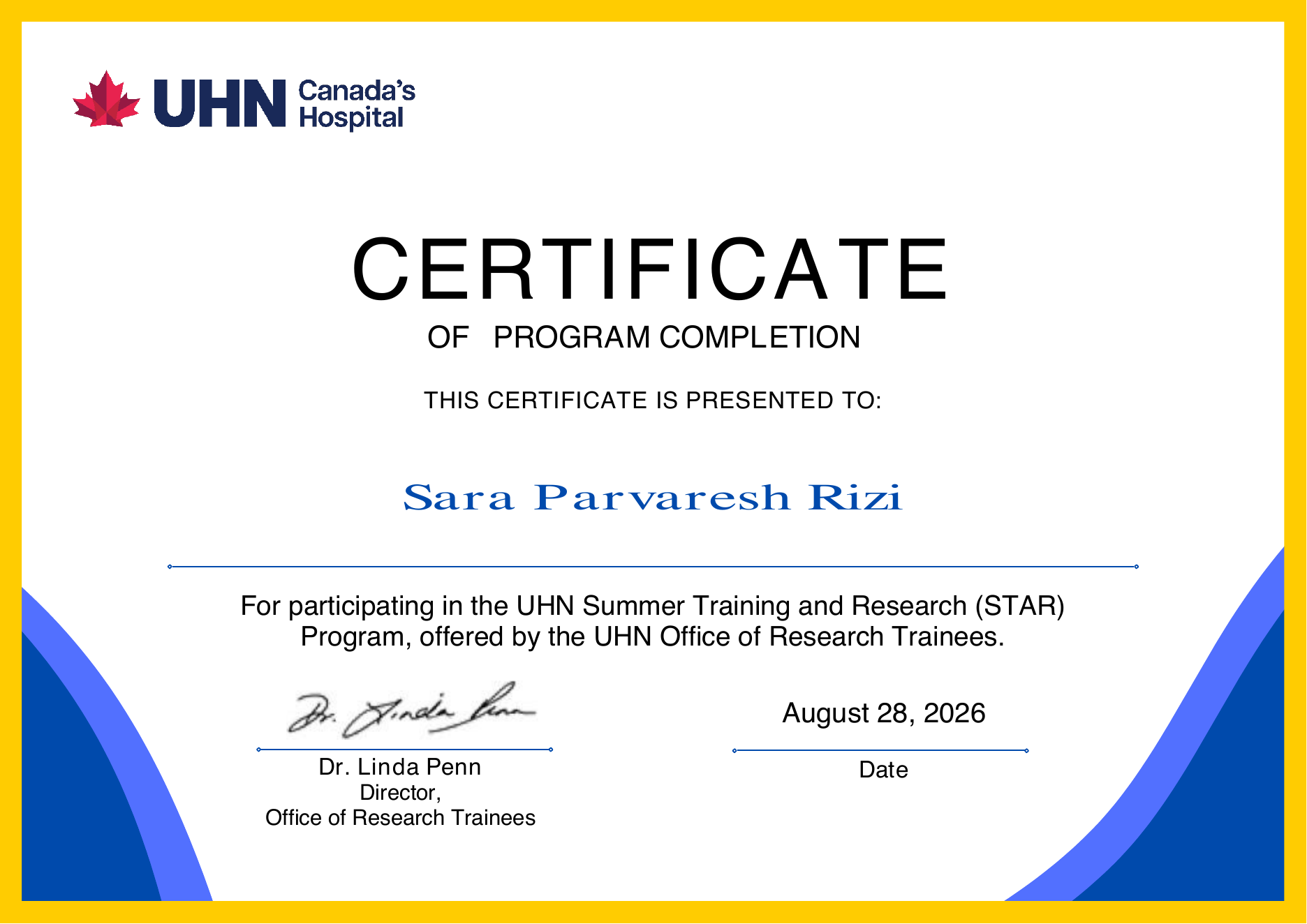 Certificate of program completion issued to Sara Parvaresh Rizi for the UHN Summer Training and Research STAR Program on August 28, 2026